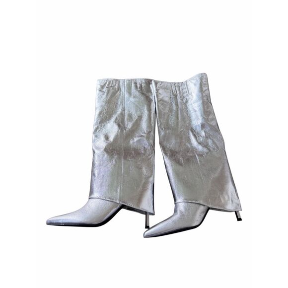 Open Edit Tall Boot in Silver Metallic Size 5.5 Stiletto Heel Pointed Toe - Picture 5 of 7